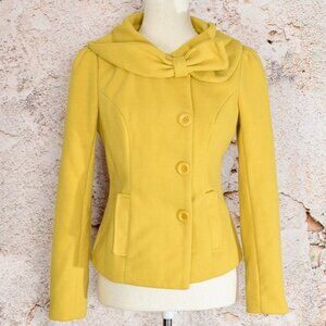 Yellow NARANKA Bow Collar Pea Coat Polyester Jacket - S